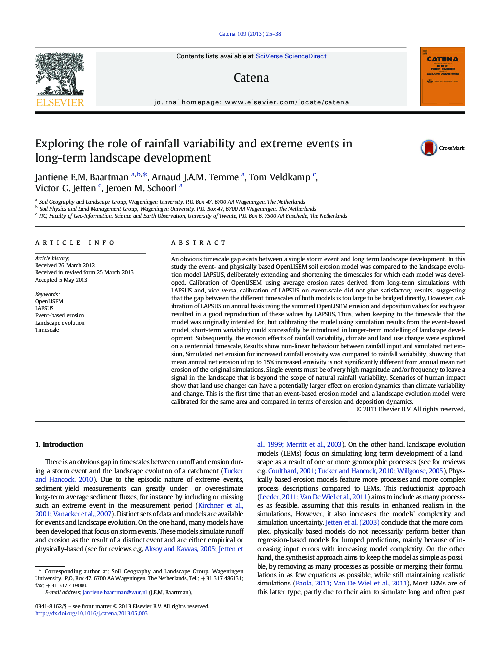 Exploring the role of rainfall variability and extreme events in long-term landscape development