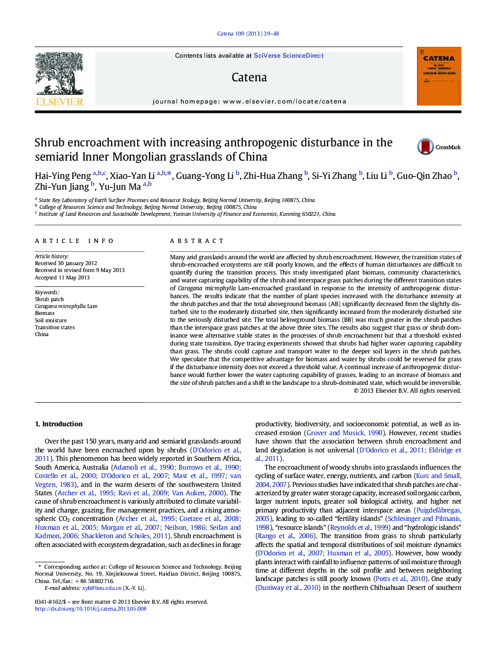 Shrub encroachment with increasing anthropogenic disturbance in the semiarid Inner Mongolian grasslands of China