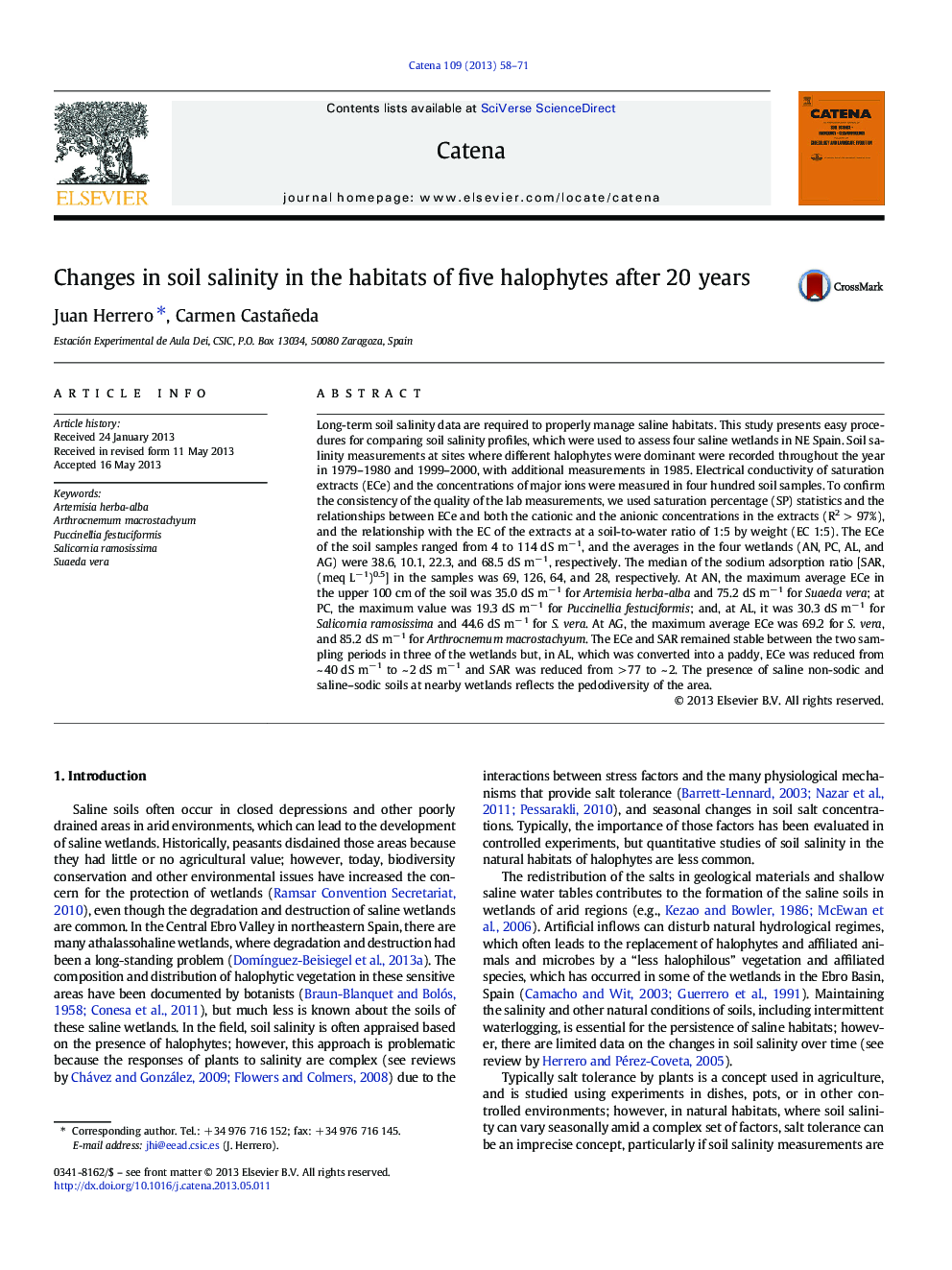 Changes in soil salinity in the habitats of five halophytes after 20Â years