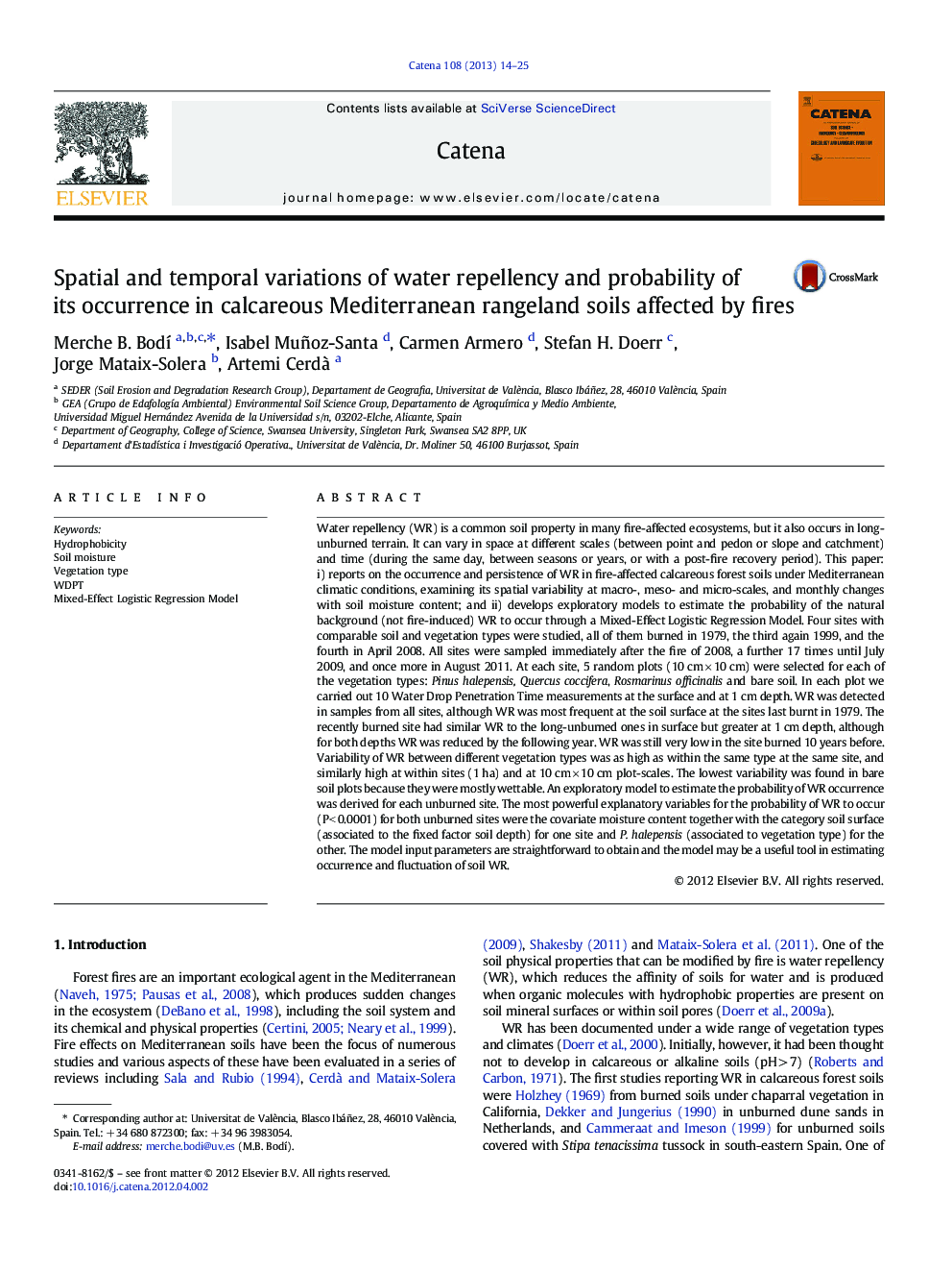 Spatial and temporal variations of water repellency and probability of its occurrence in calcareous Mediterranean rangeland soils affected by fires