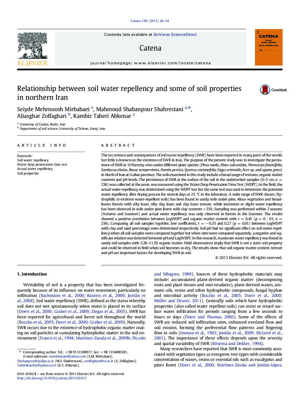 Relationship between soil water repellency and some of soil properties in northern Iran