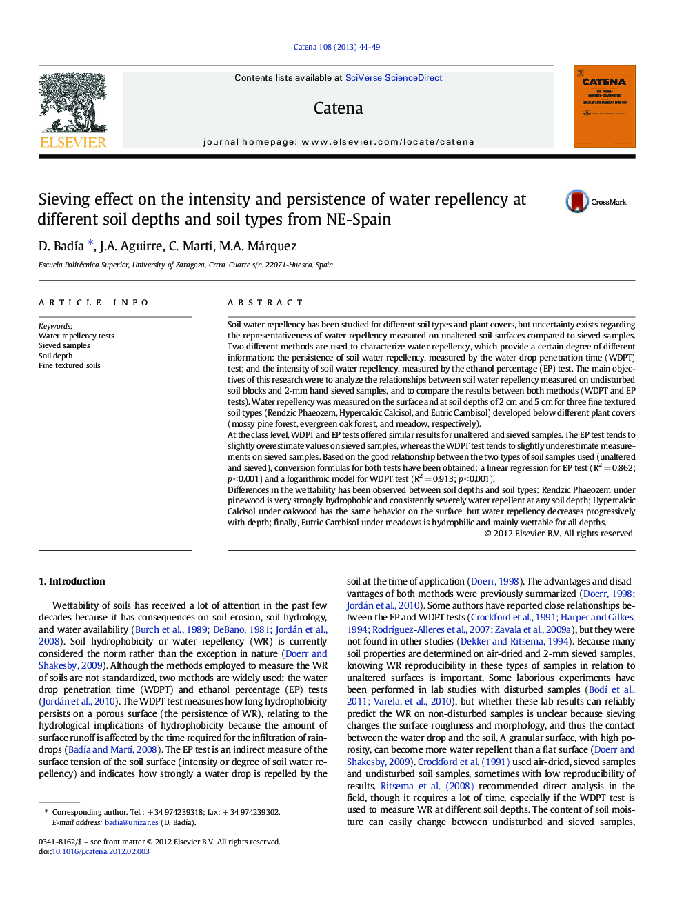 Sieving effect on the intensity and persistence of water repellency at different soil depths and soil types from NE-Spain