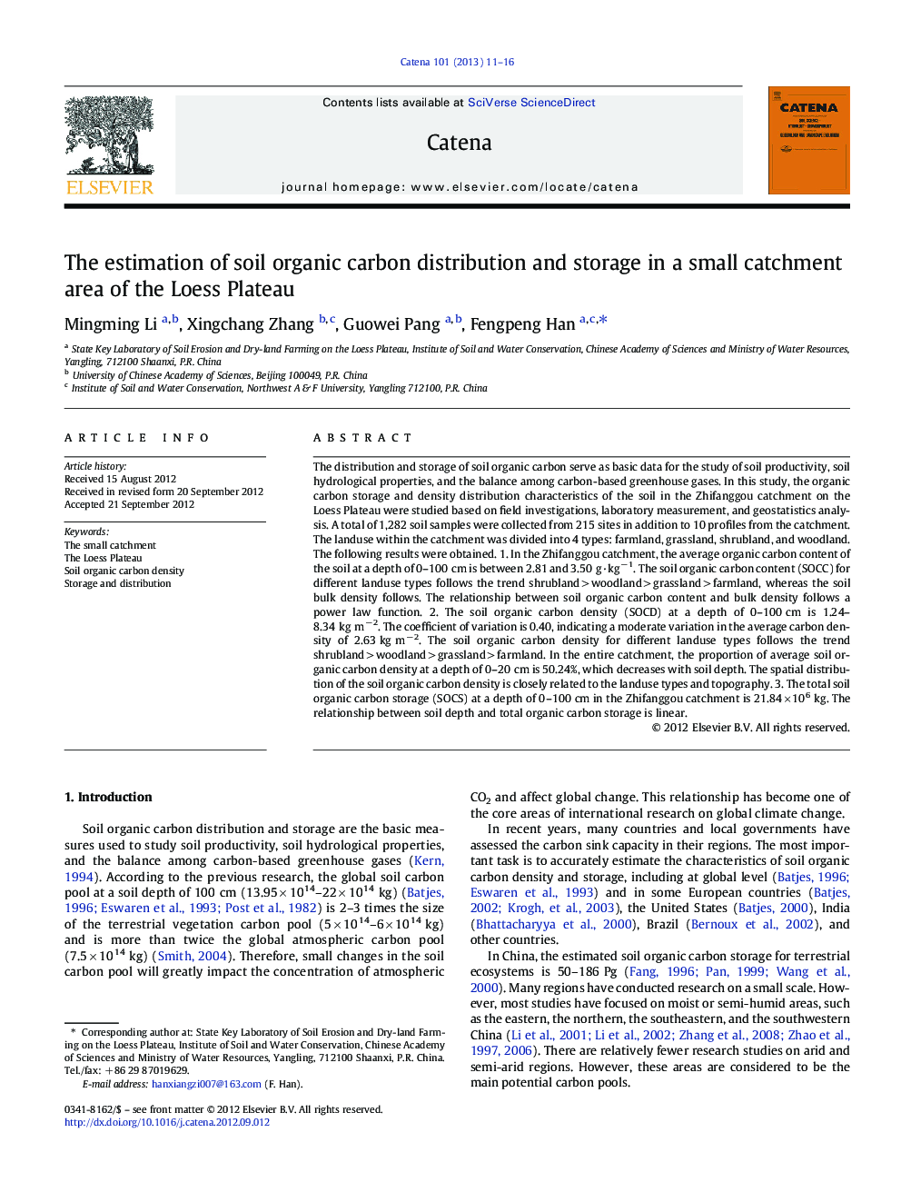 The estimation of soil organic carbon distribution and storage in a small catchment area of the Loess Plateau