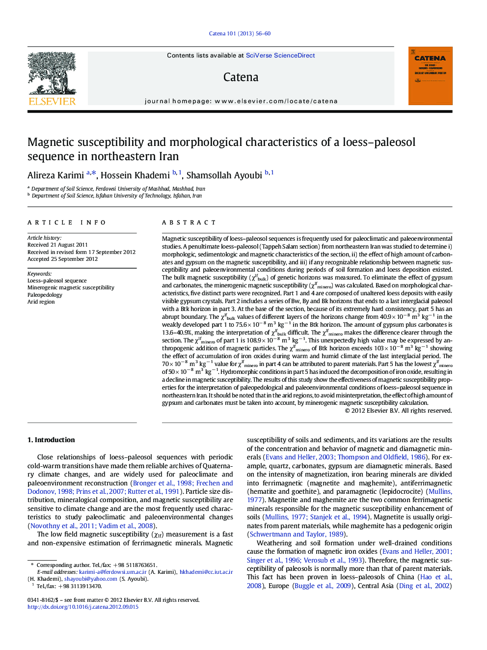 Magnetic susceptibility and morphological characteristics of a loess–paleosol sequence in northeastern Iran