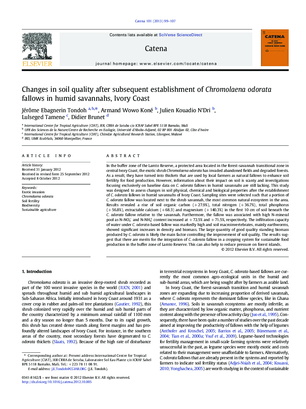 Changes in soil quality after subsequent establishment of Chromolaena odorata fallows in humid savannahs, Ivory Coast