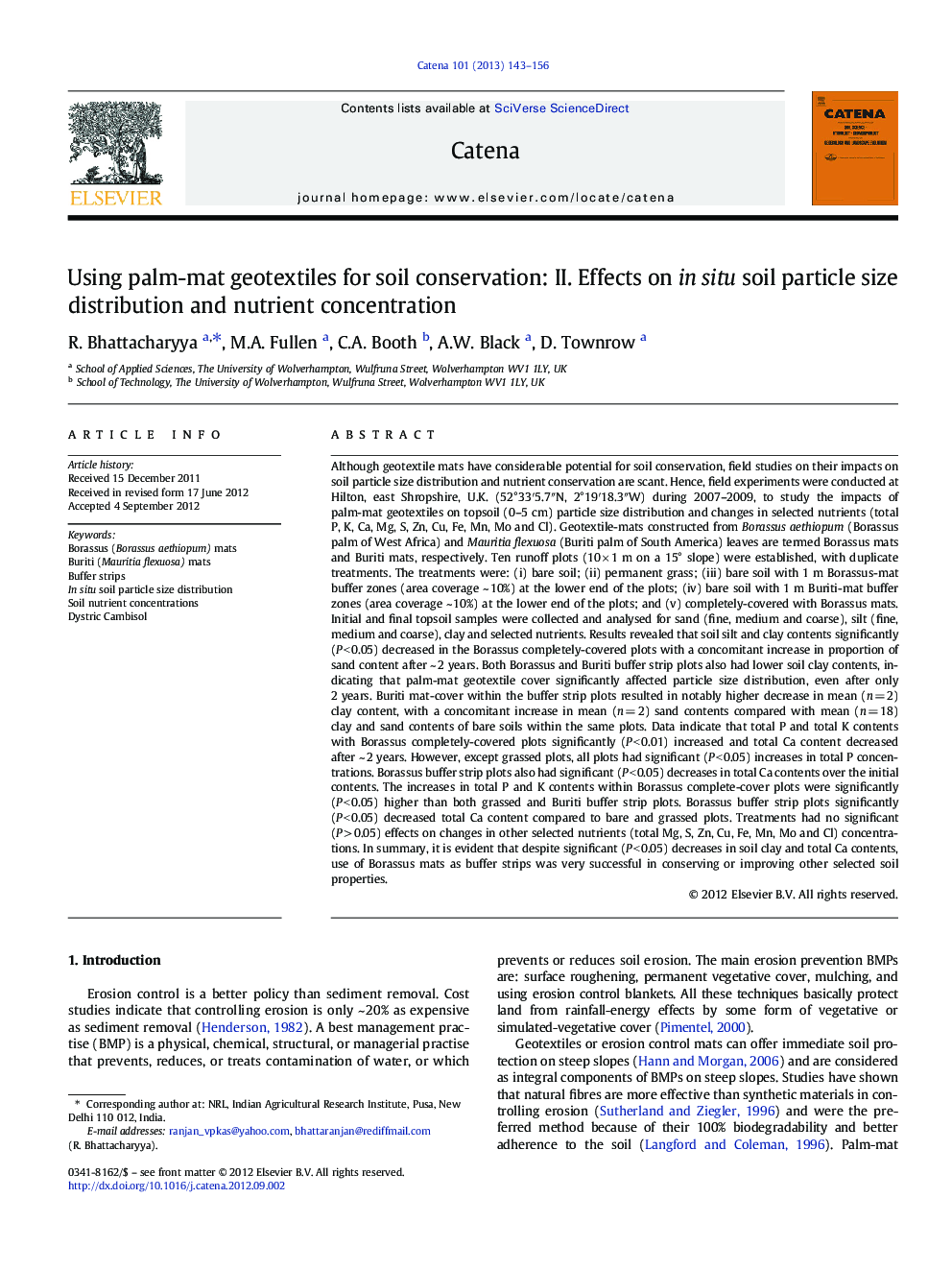 Using palm-mat geotextiles for soil conservation: II. Effects on in situ soil particle size distribution and nutrient concentration