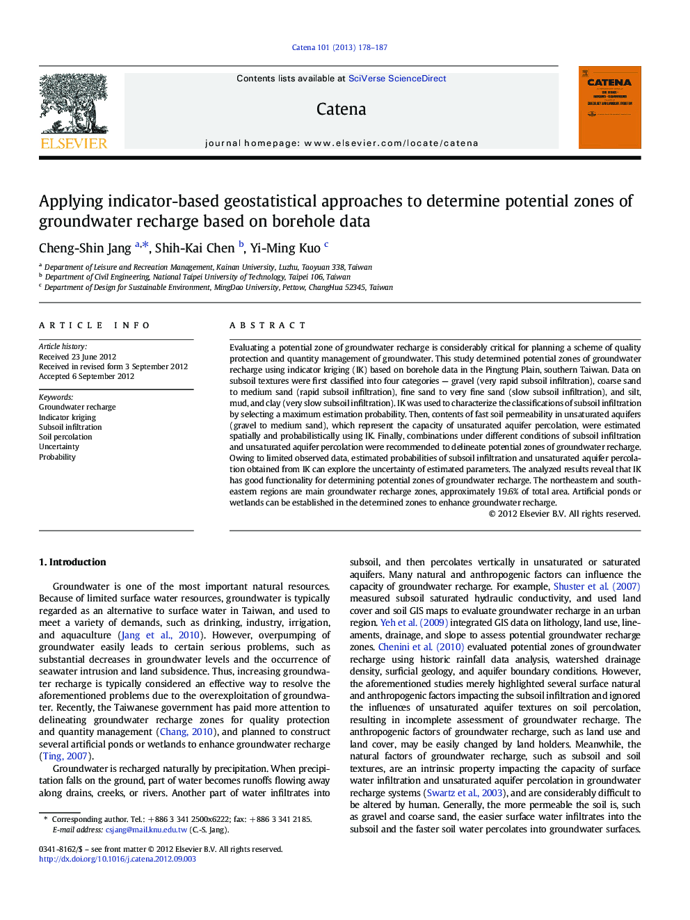 Applying indicator-based geostatistical approaches to determine potential zones of groundwater recharge based on borehole data