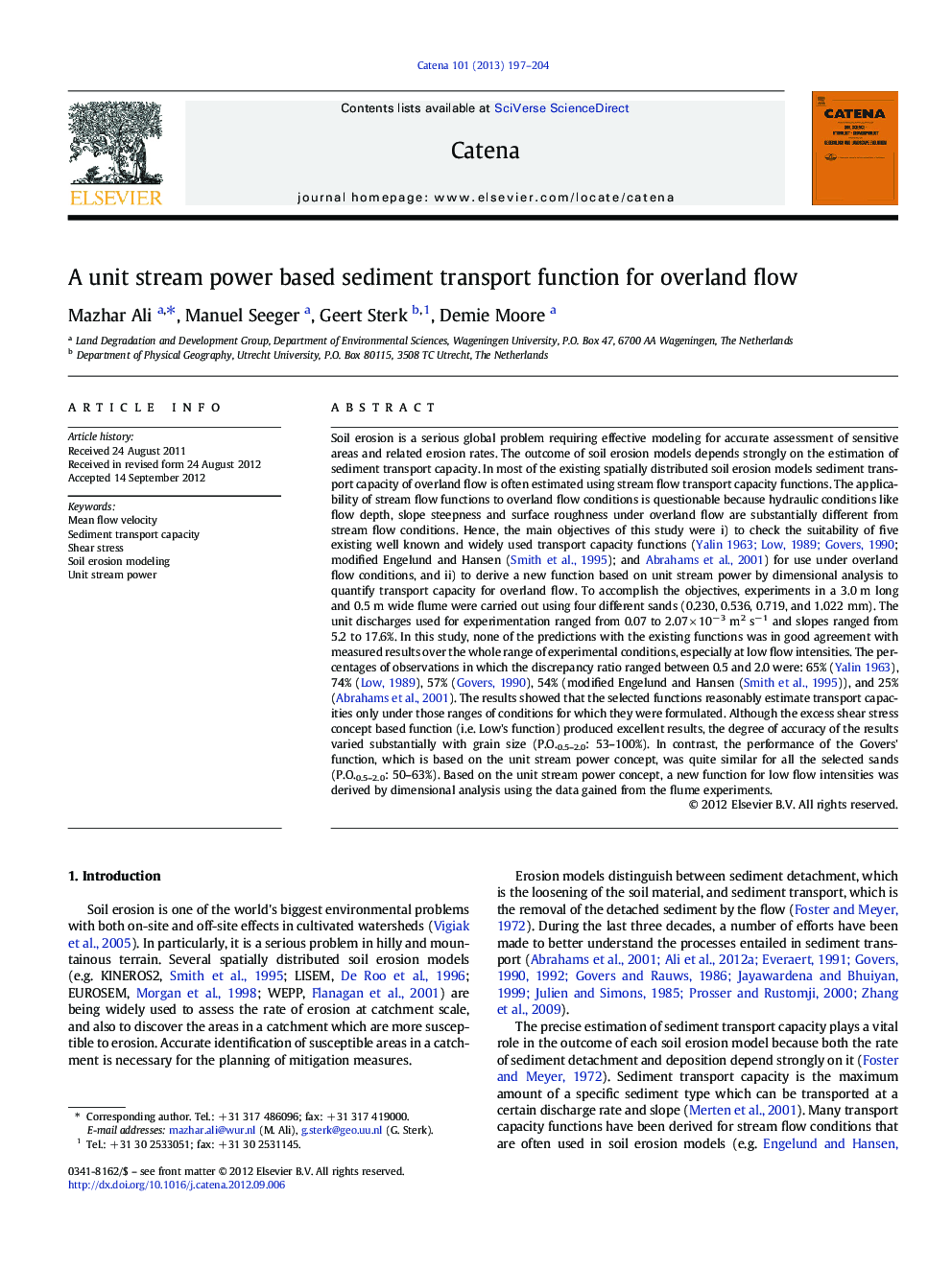 A unit stream power based sediment transport function for overland flow