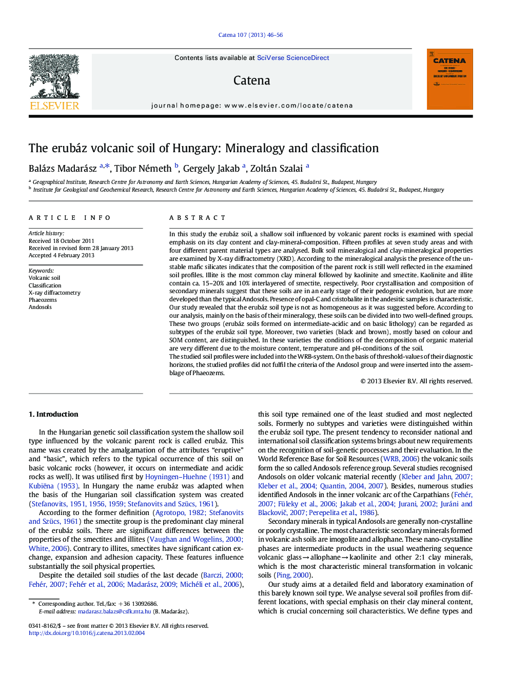 The erubáz volcanic soil of Hungary: Mineralogy and classification