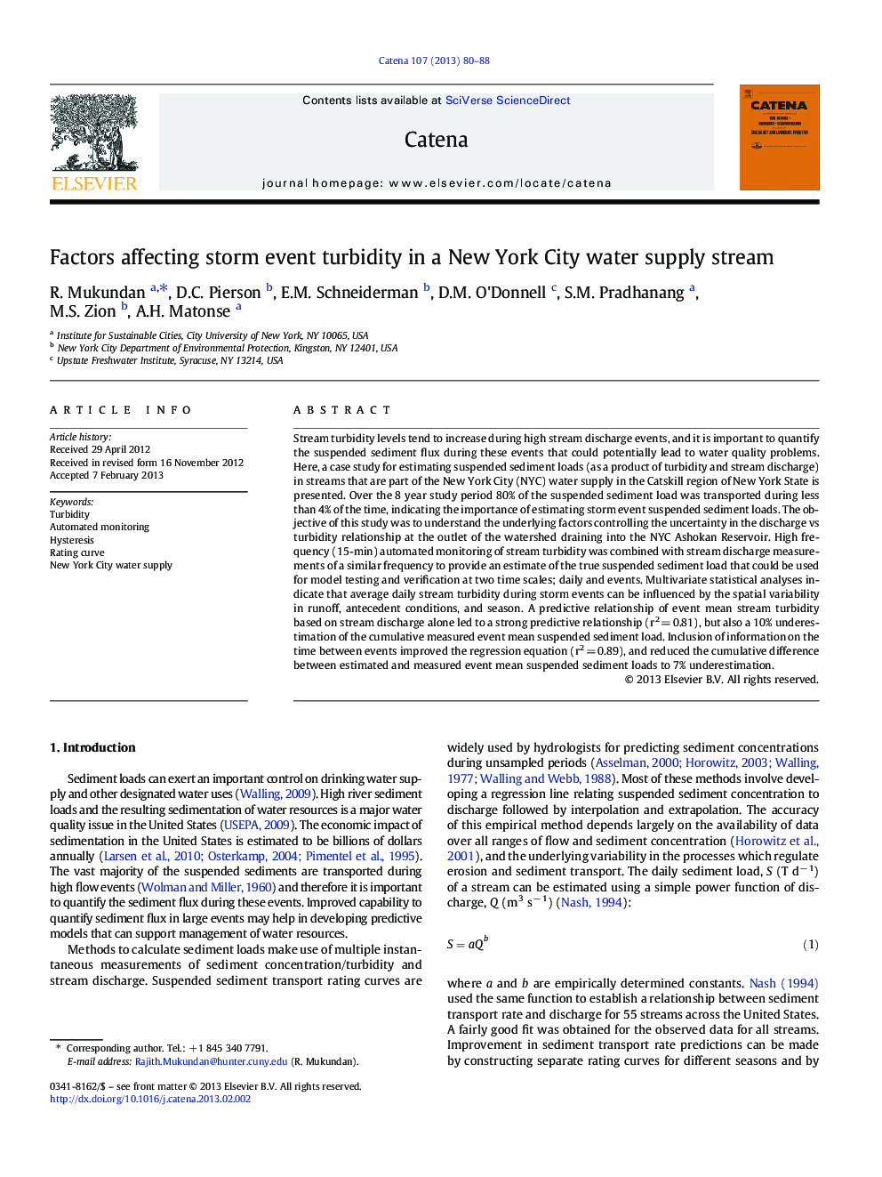 Factors affecting storm event turbidity in a New York City water supply stream