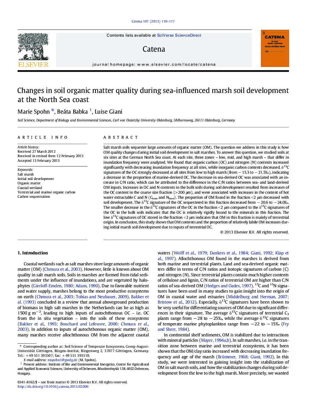 Changes in soil organic matter quality during sea-influenced marsh soil development at the North Sea coast