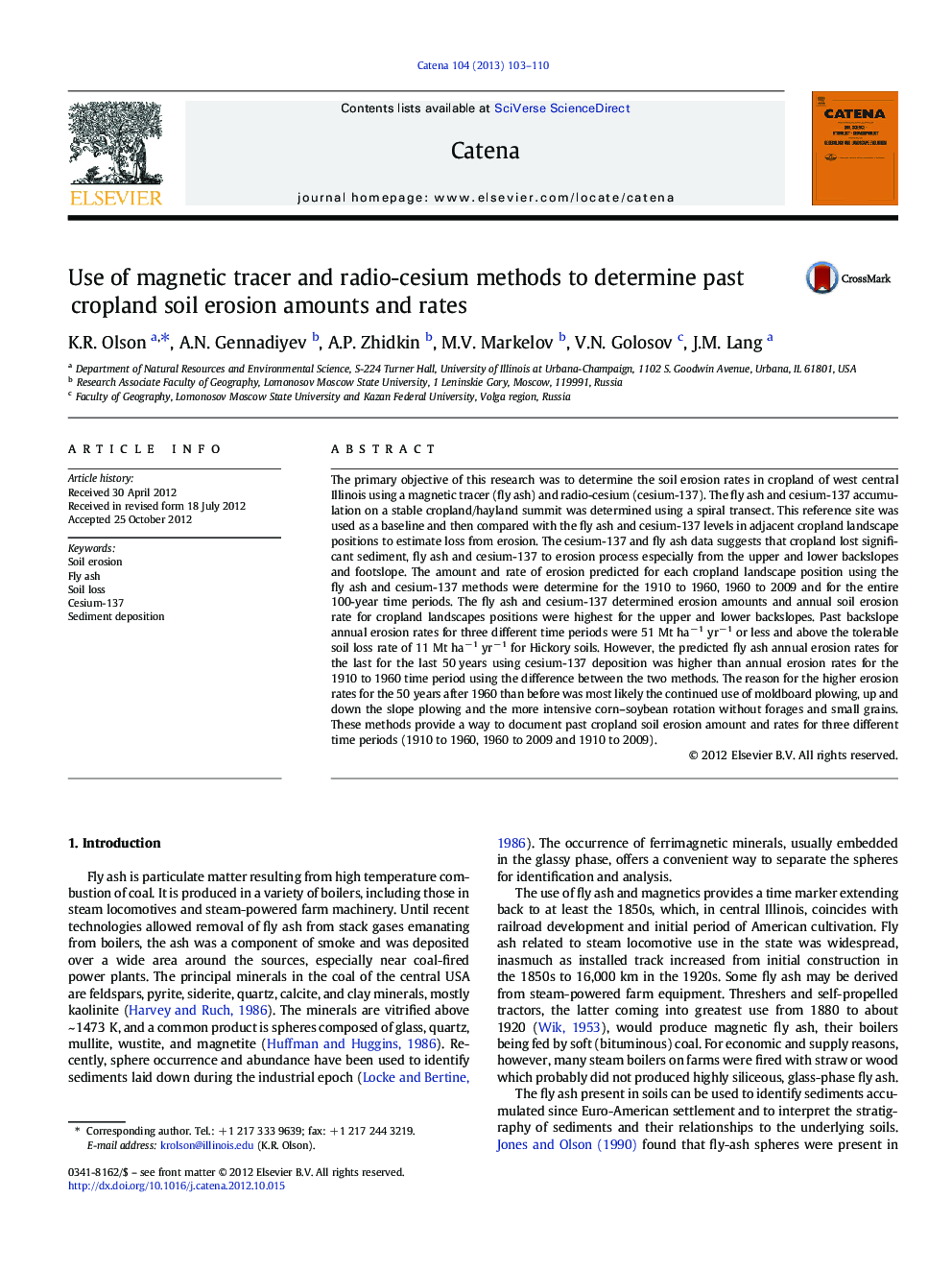 Use of magnetic tracer and radio-cesium methods to determine past cropland soil erosion amounts and rates