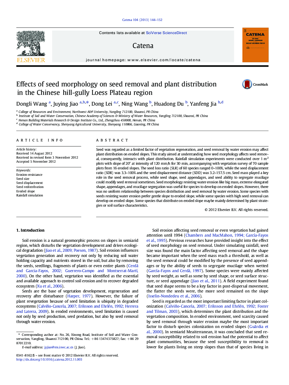 Effects of seed morphology on seed removal and plant distribution in the Chinese hill-gully Loess Plateau region