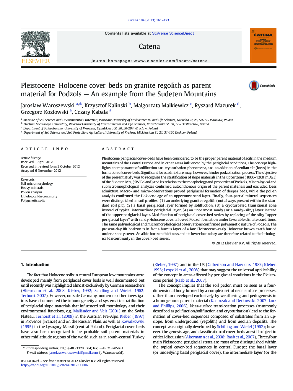 Pleistocene–Holocene cover-beds on granite regolith as parent material for Podzols — An example from the Sudeten Mountains