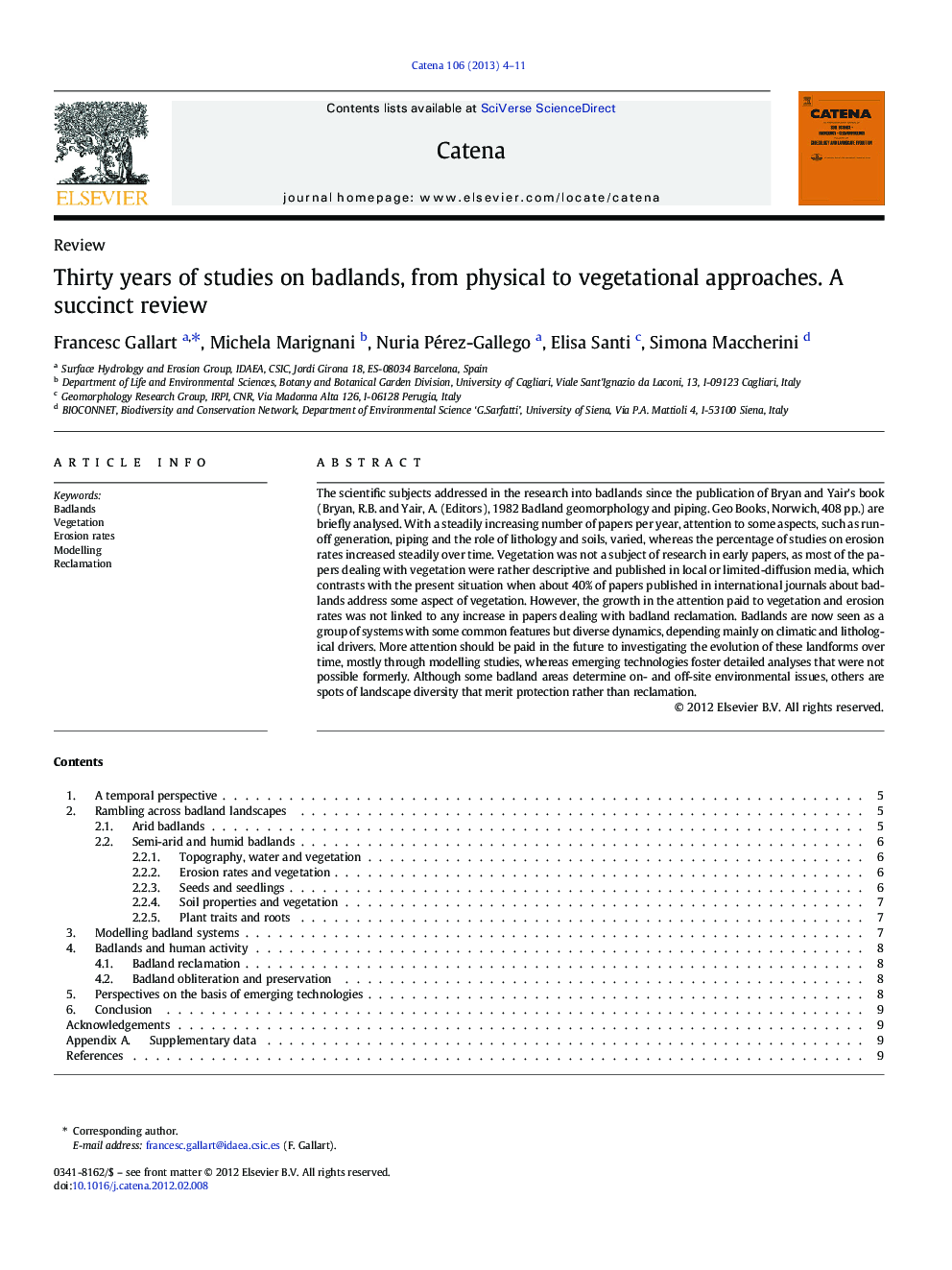 Thirty years of studies on badlands, from physical to vegetational approaches. A succinct review