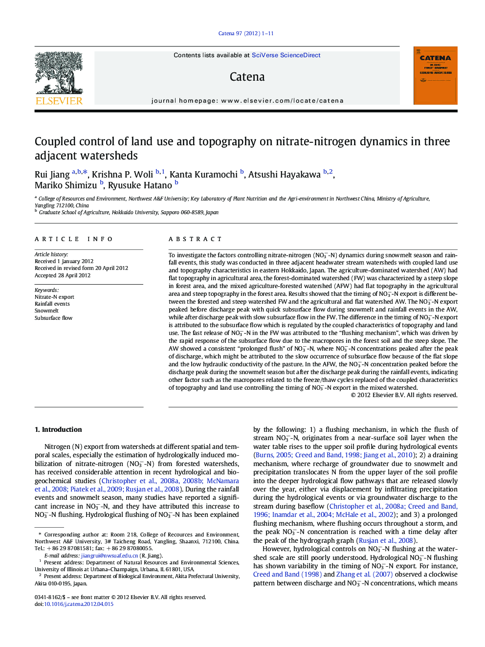 Coupled control of land use and topography on nitrate-nitrogen dynamics in three adjacent watersheds