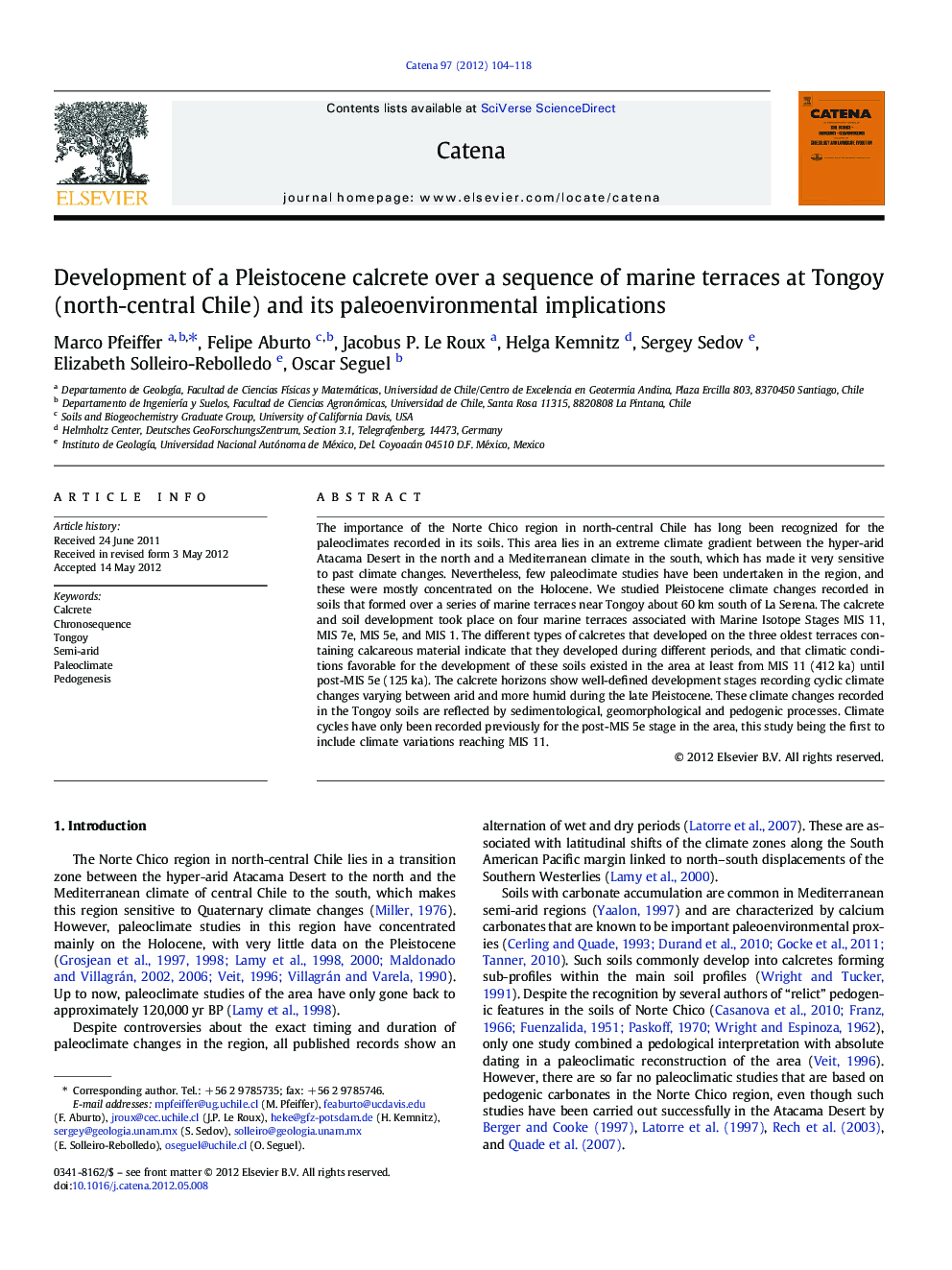 Development of a Pleistocene calcrete over a sequence of marine terraces at Tongoy (north-central Chile) and its paleoenvironmental implications