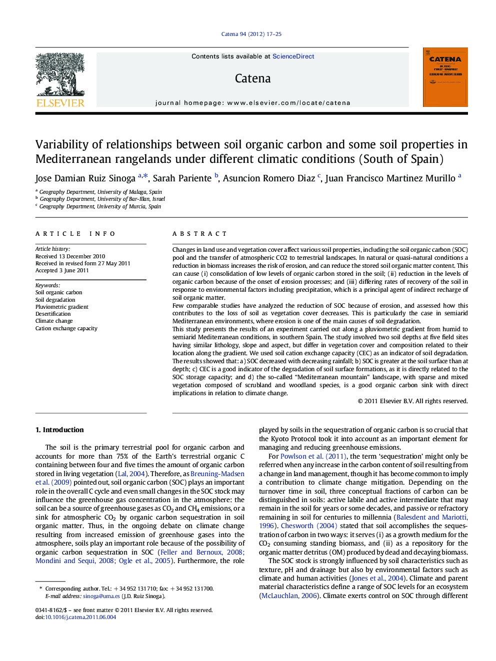 Variability of relationships between soil organic carbon and some soil properties in Mediterranean rangelands under different climatic conditions (South of Spain)