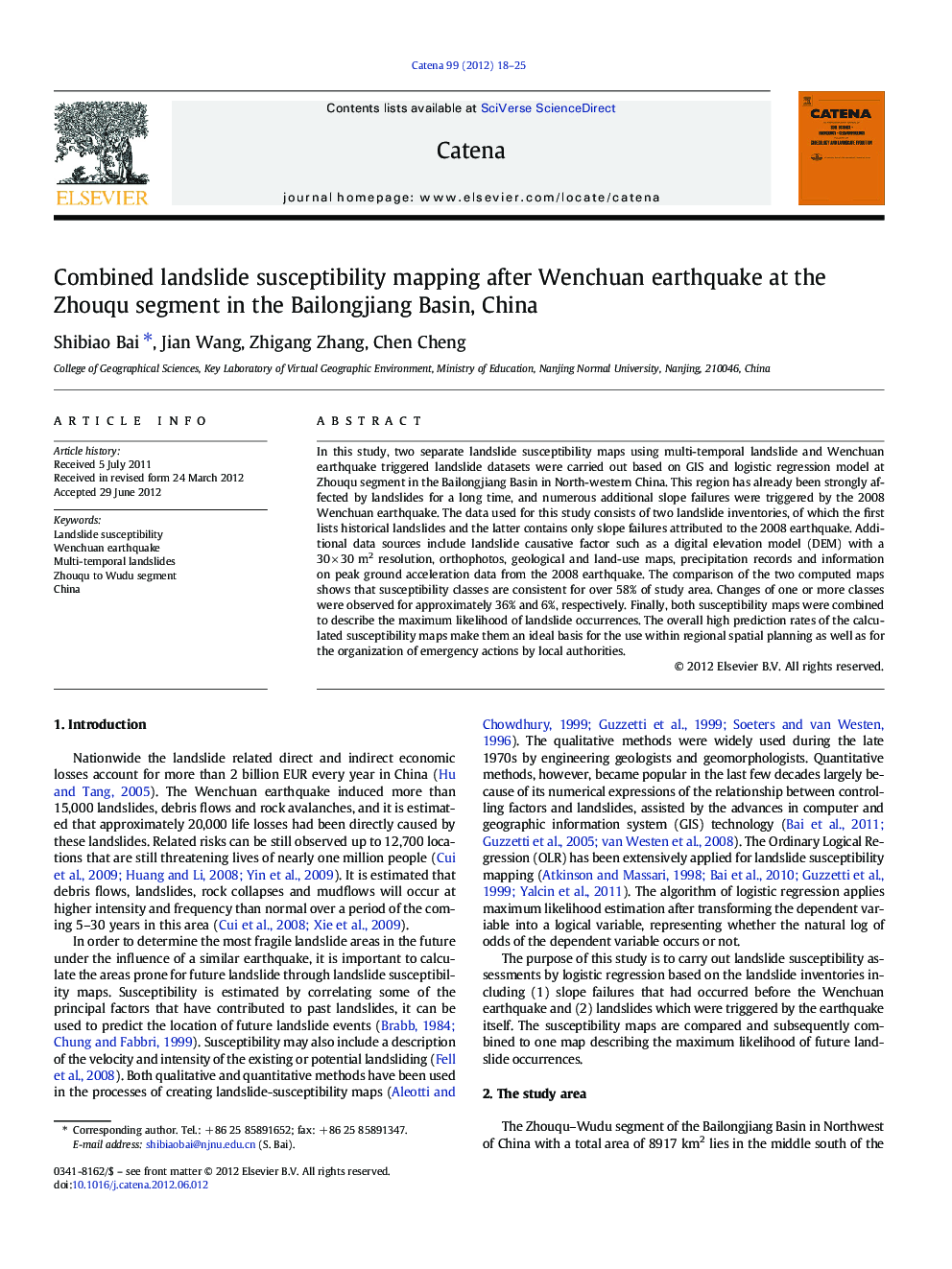 Combined landslide susceptibility mapping after Wenchuan earthquake at the Zhouqu segment in the Bailongjiang Basin, China
