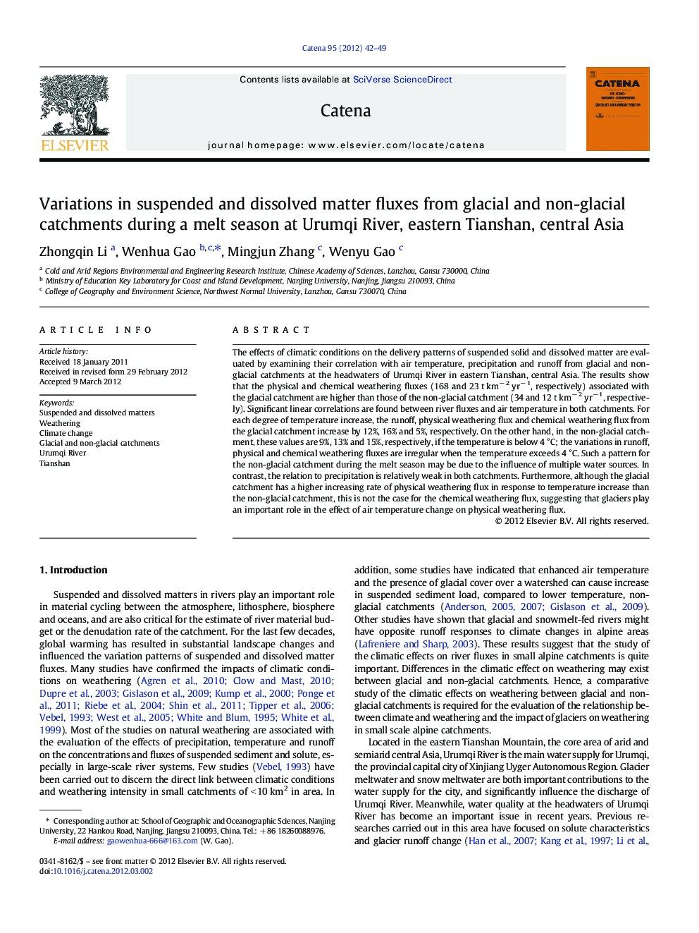 Variations in suspended and dissolved matter fluxes from glacial and non-glacial catchments during a melt season at Urumqi River, eastern Tianshan, central Asia