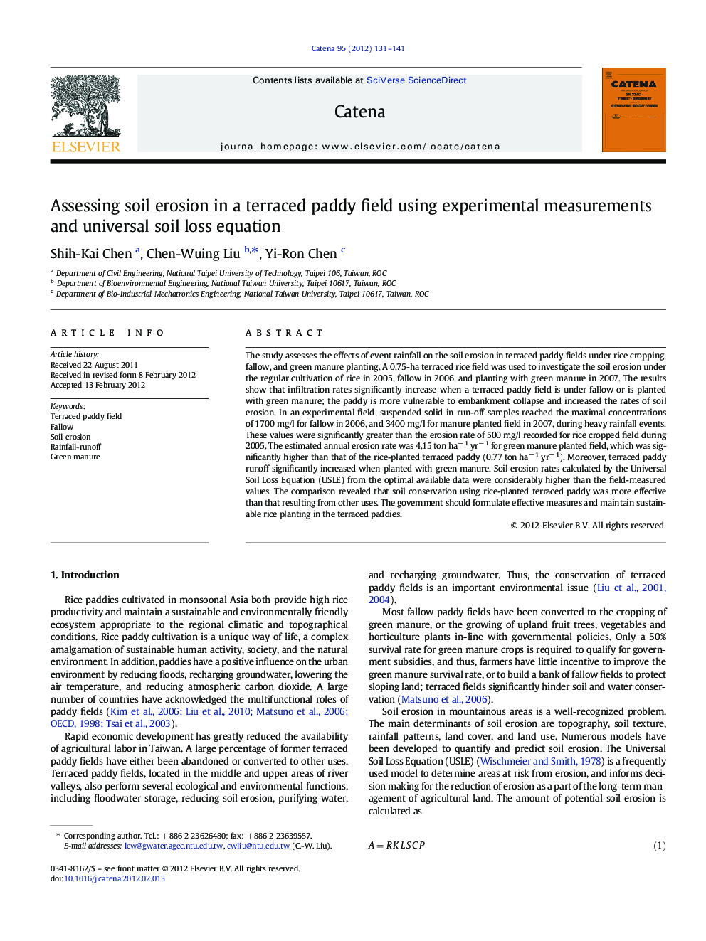عکس صفحه اول مقاله: Assessing soil erosion in a terraced paddy field using experimental measurements and universal soil loss equation Assessing soil erosion in a terraced paddy field using experimental measurements and universal soil loss equation