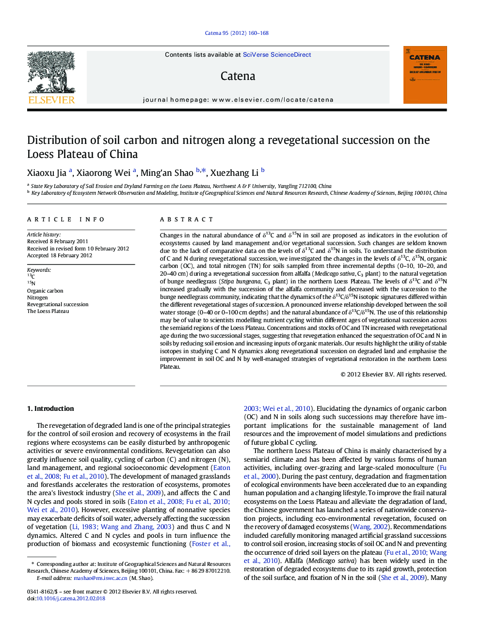 Distribution of soil carbon and nitrogen along a revegetational succession on the Loess Plateau of China