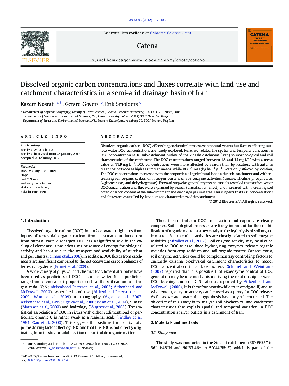 Dissolved organic carbon concentrations and fluxes correlate with land use and catchment characteristics in a semi-arid drainage basin of Iran