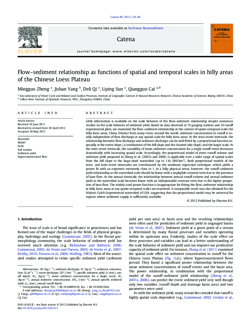 Flow–sediment relationship as functions of spatial and temporal scales in hilly areas of the Chinese Loess Plateau