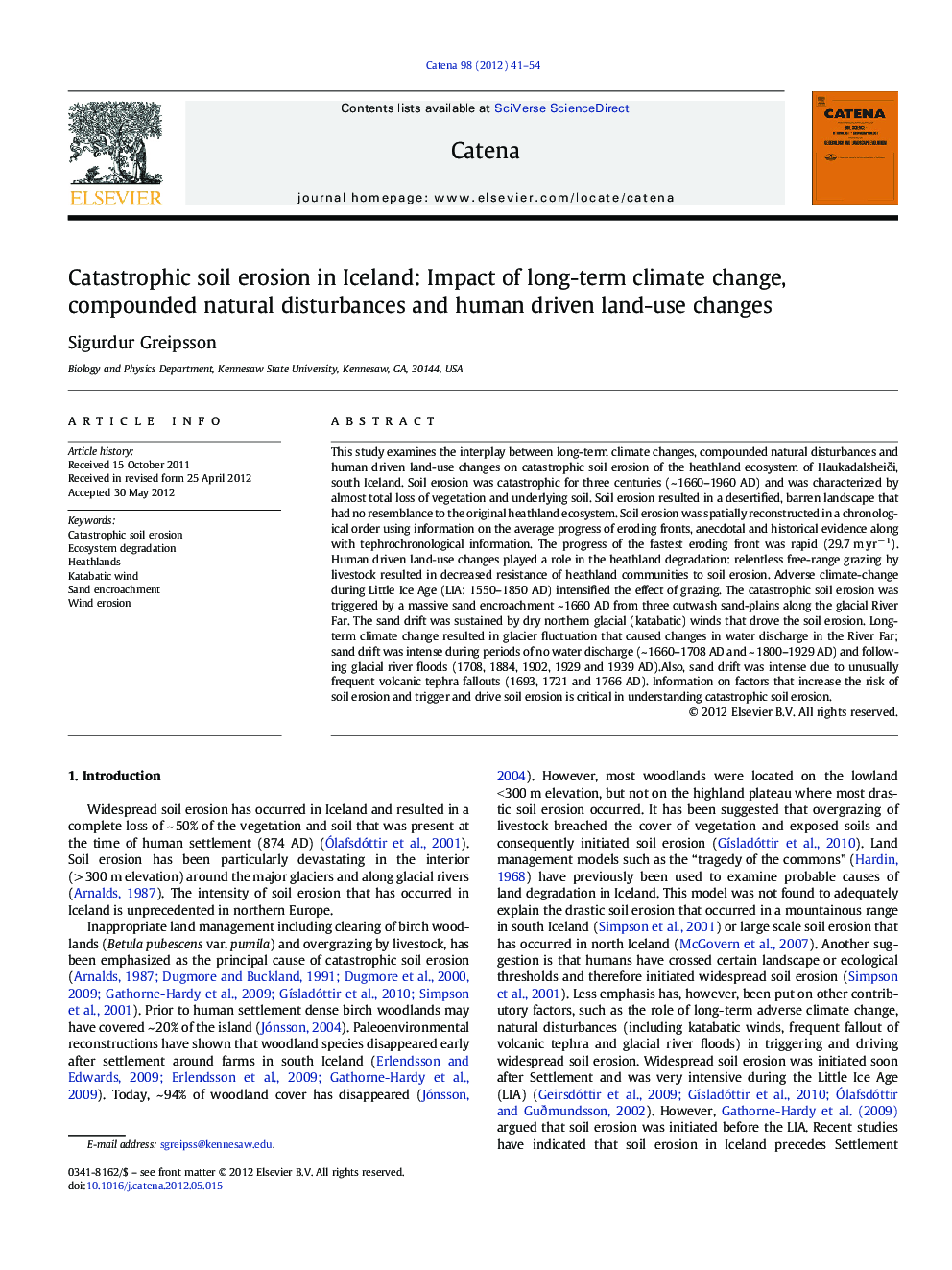 Catastrophic soil erosion in Iceland: Impact of long-term climate change, compounded natural disturbances and human driven land-use changes