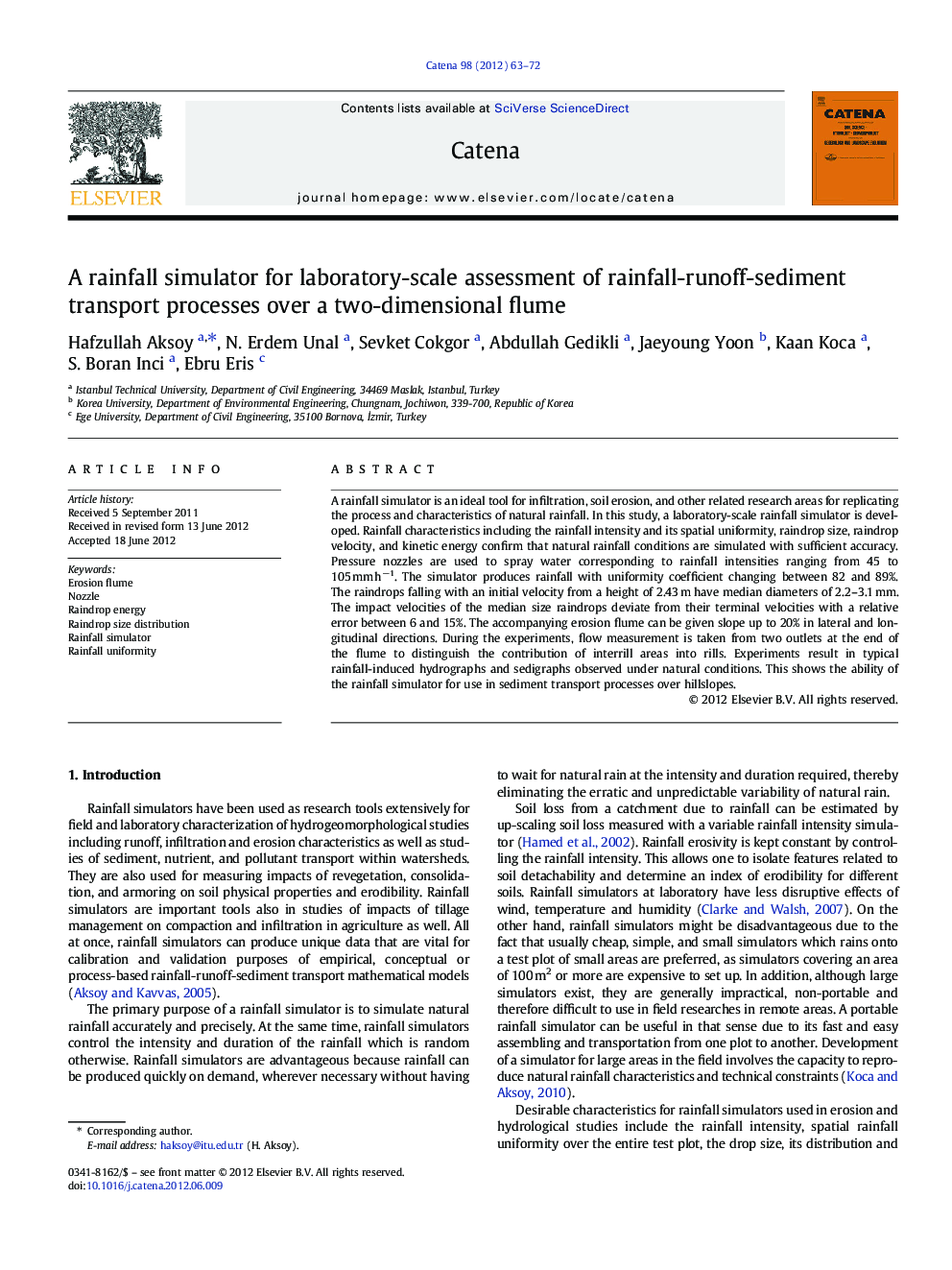 A rainfall simulator for laboratory-scale assessment of rainfall-runoff-sediment transport processes over a two-dimensional flume