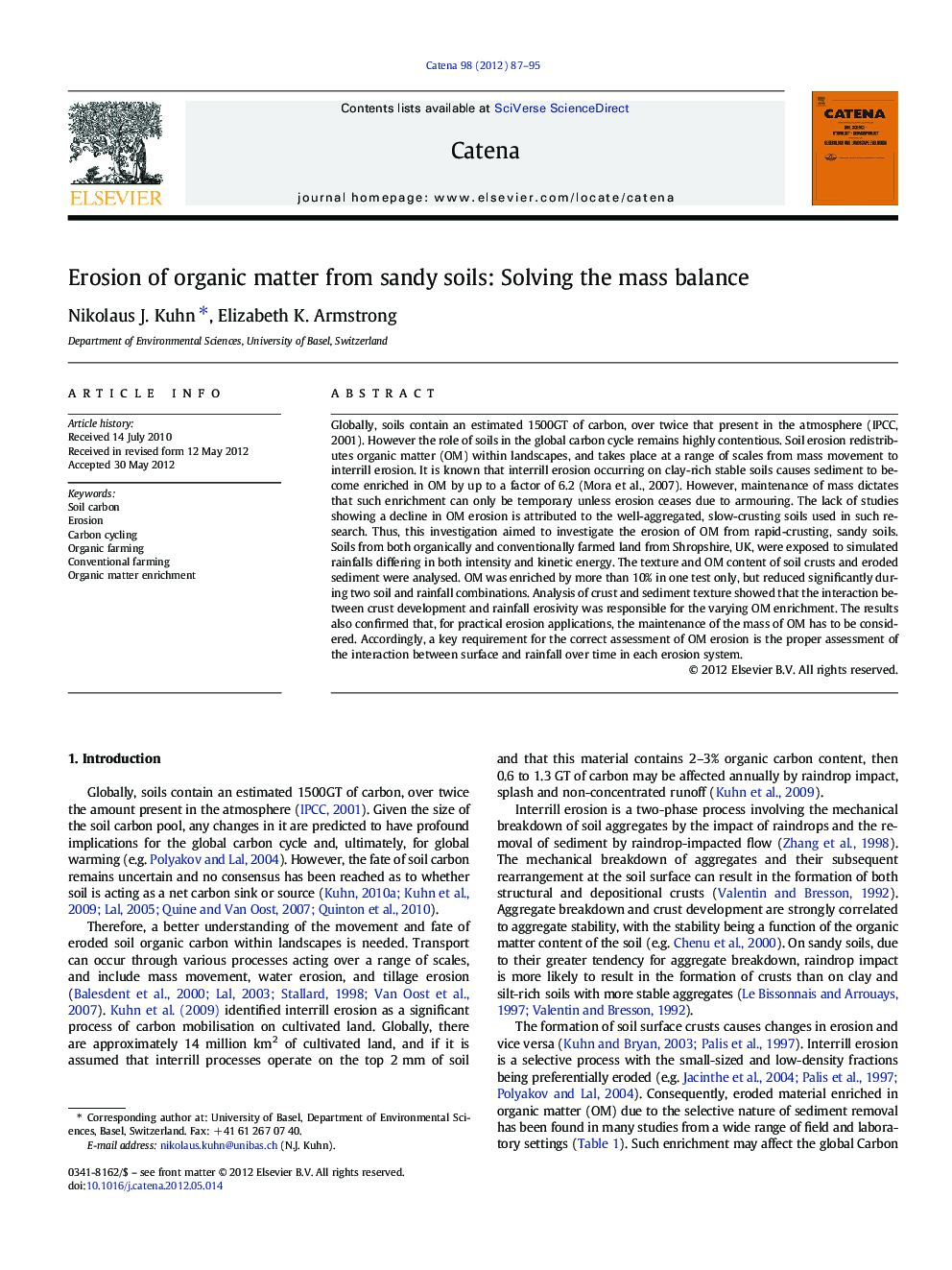 Erosion of organic matter from sandy soils: Solving the mass balance