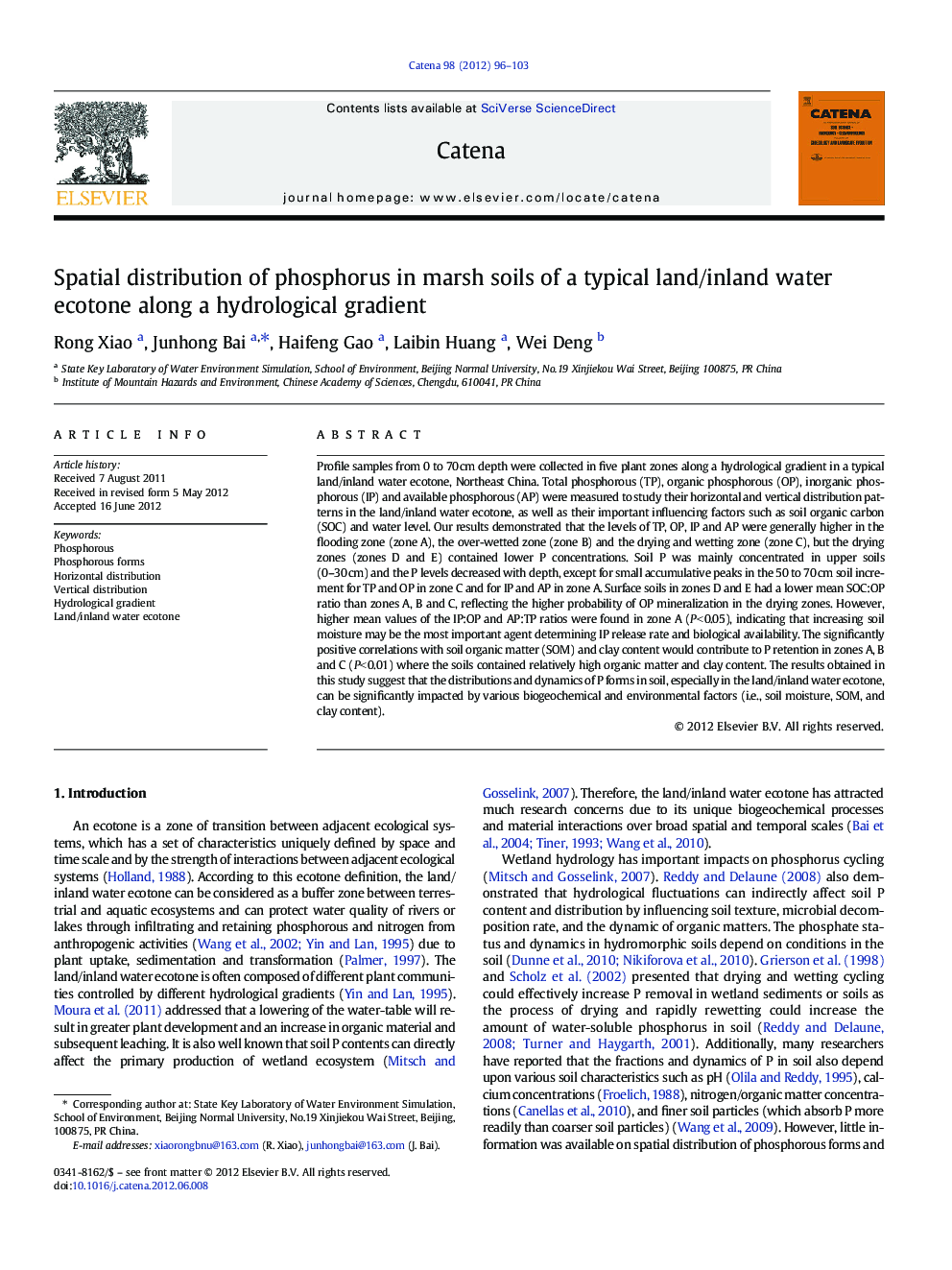 Spatial distribution of phosphorus in marsh soils of a typical land/inland water ecotone along a hydrological gradient