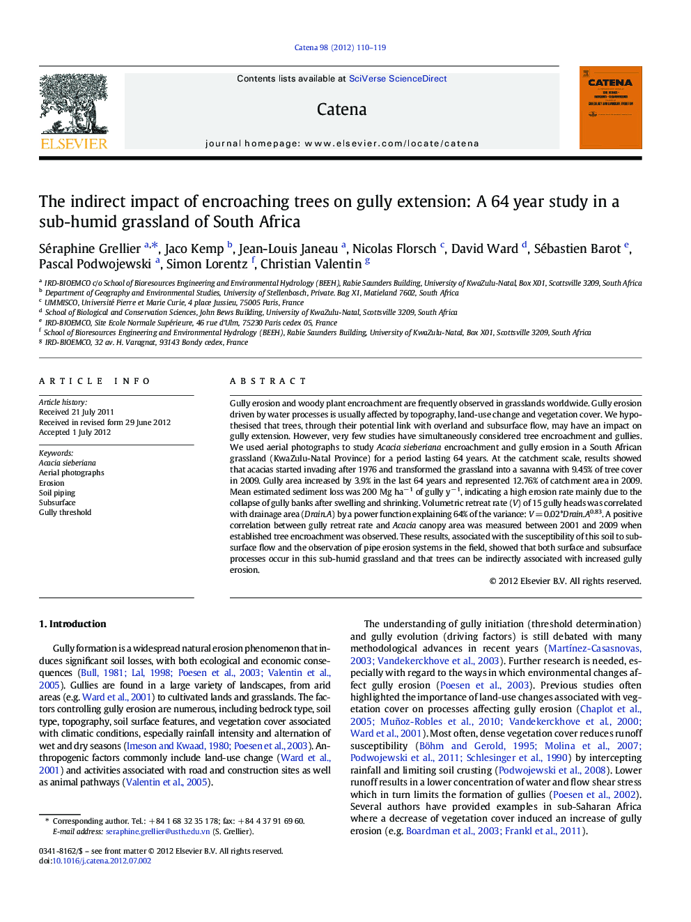 The indirect impact of encroaching trees on gully extension: A 64 year study in a sub-humid grassland of South Africa