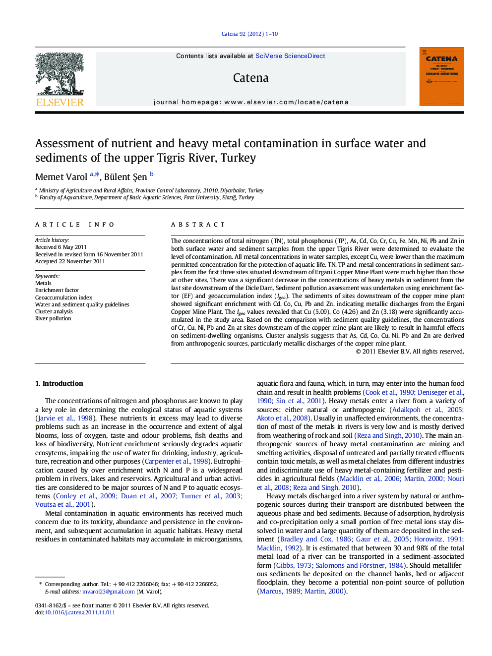 Assessment of nutrient and heavy metal contamination in surface water and sediments of the upper Tigris River, Turkey