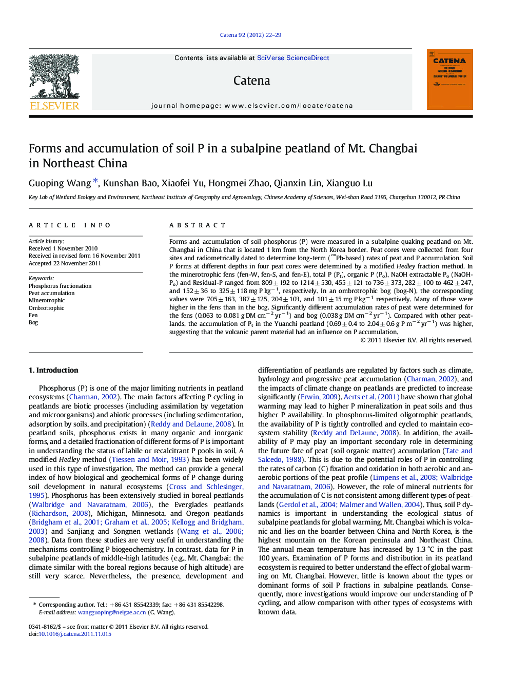 Forms and accumulation of soil P in a subalpine peatland of Mt. Changbai in Northeast China