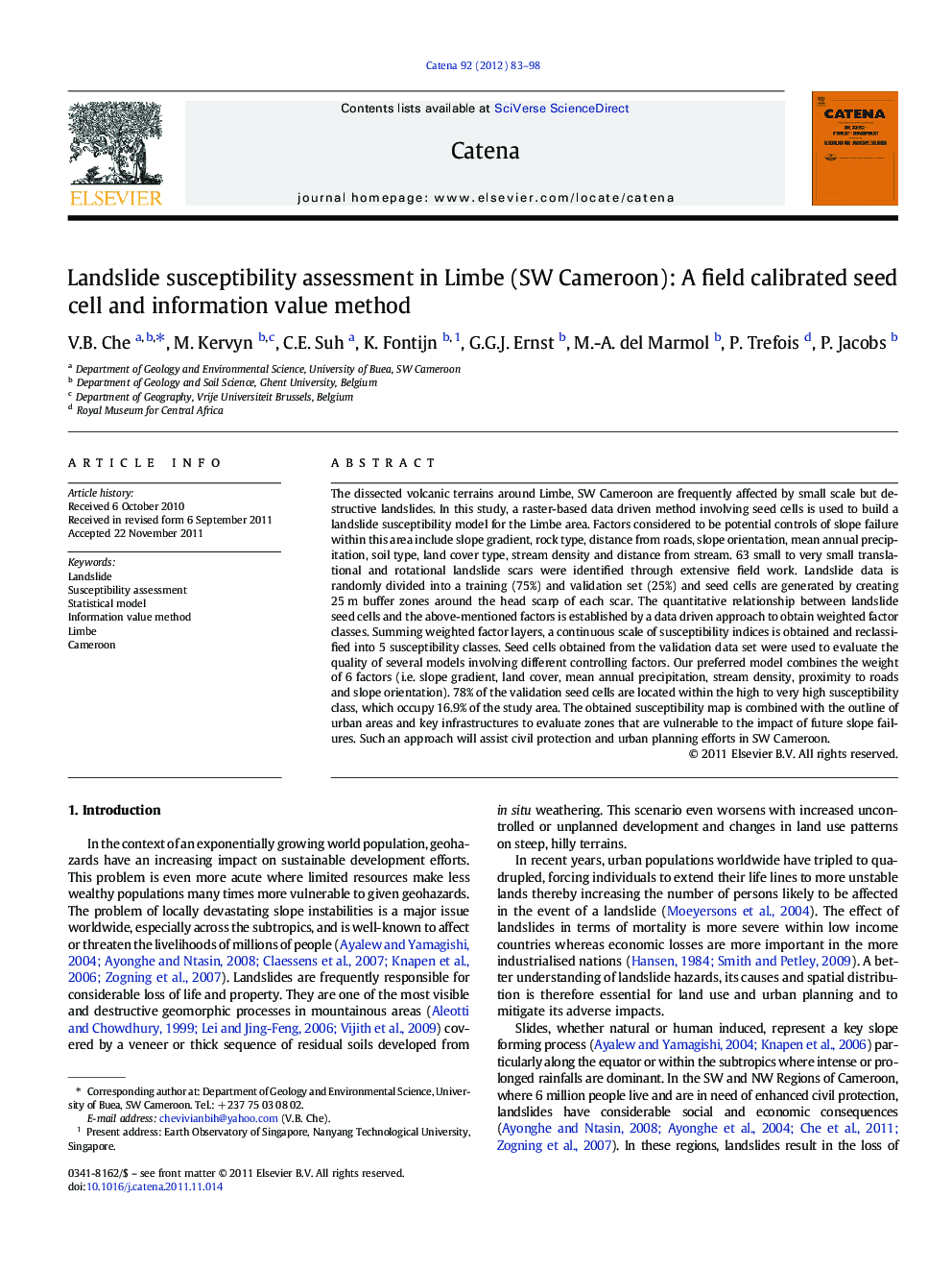 Landslide susceptibility assessment in Limbe (SW Cameroon): A field calibrated seed cell and information value method