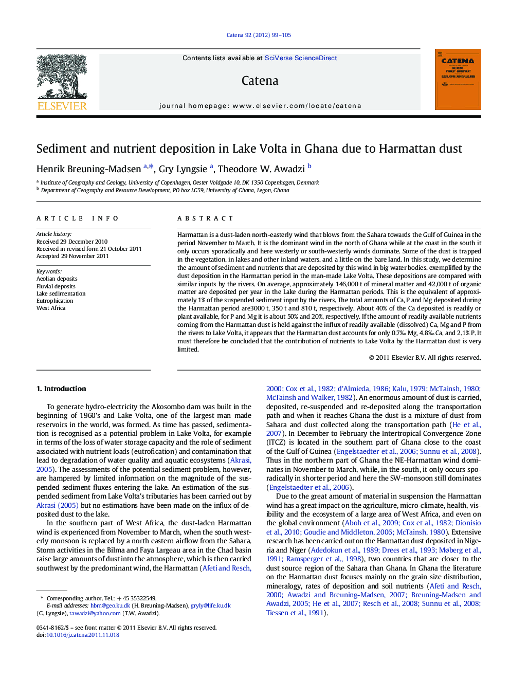 Sediment and nutrient deposition in Lake Volta in Ghana due to Harmattan dust