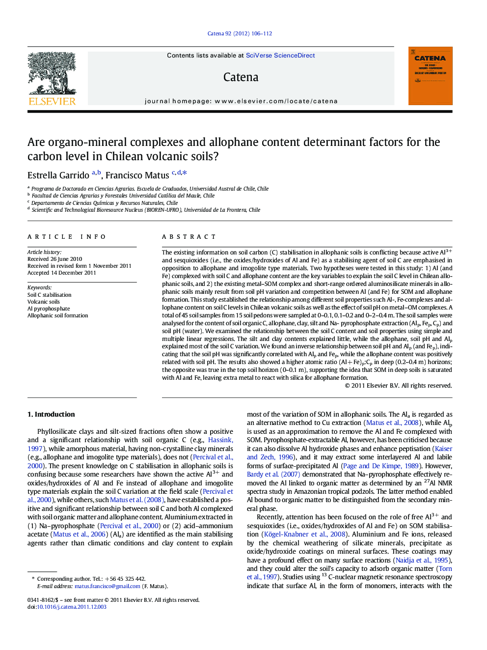 Are organo-mineral complexes and allophane content determinant factors for the carbon level in Chilean volcanic soils?