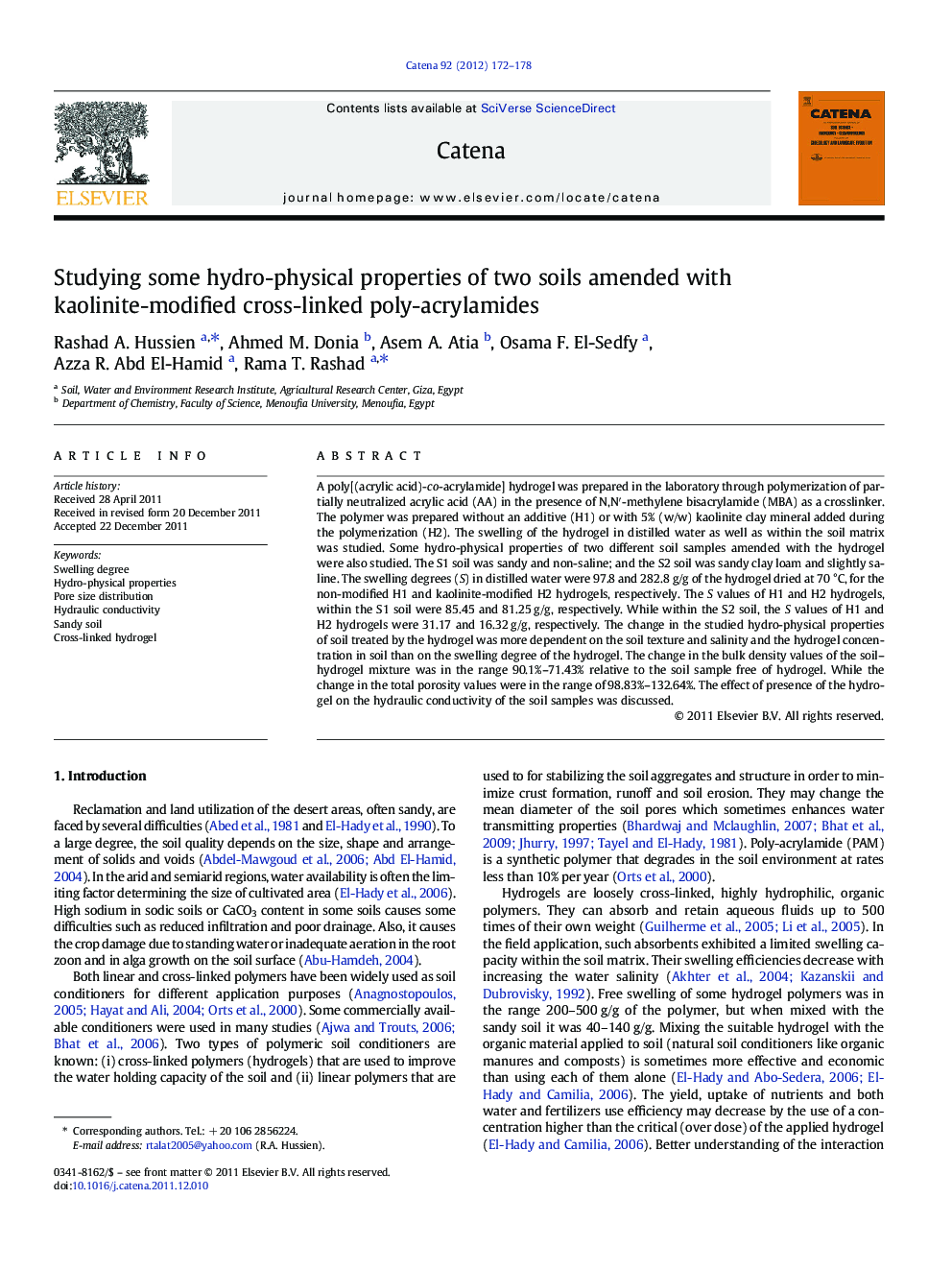 Studying some hydro-physical properties of two soils amended with kaolinite-modified cross-linked poly-acrylamides