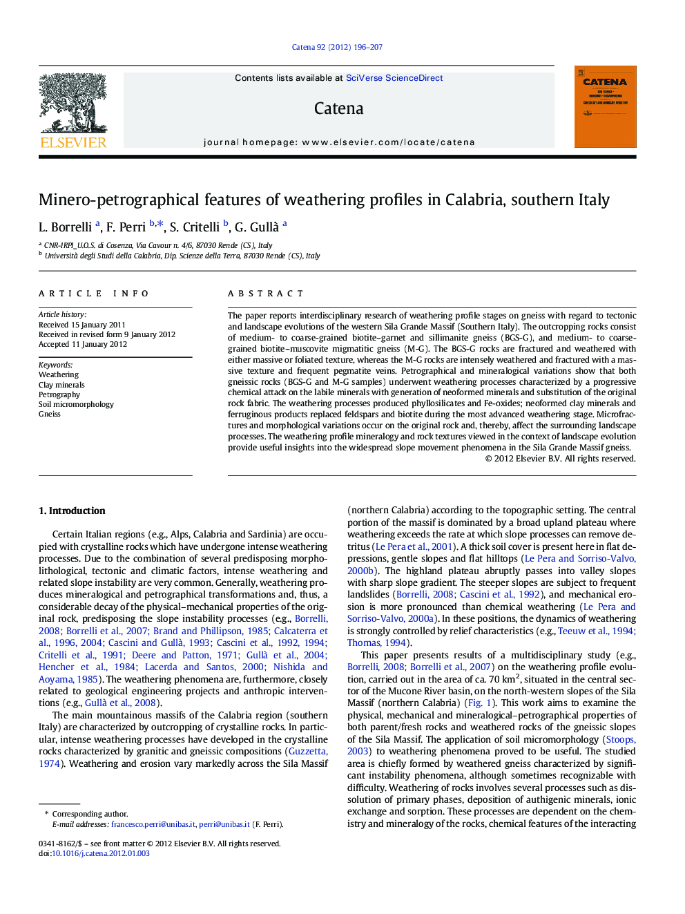 Minero-petrographical features of weathering profiles in Calabria, southern Italy