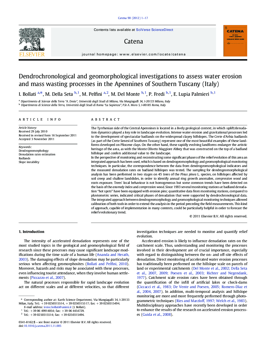 Dendrochronological and geomorphological investigations to assess water erosion and mass wasting processes in the Apennines of Southern Tuscany (Italy)