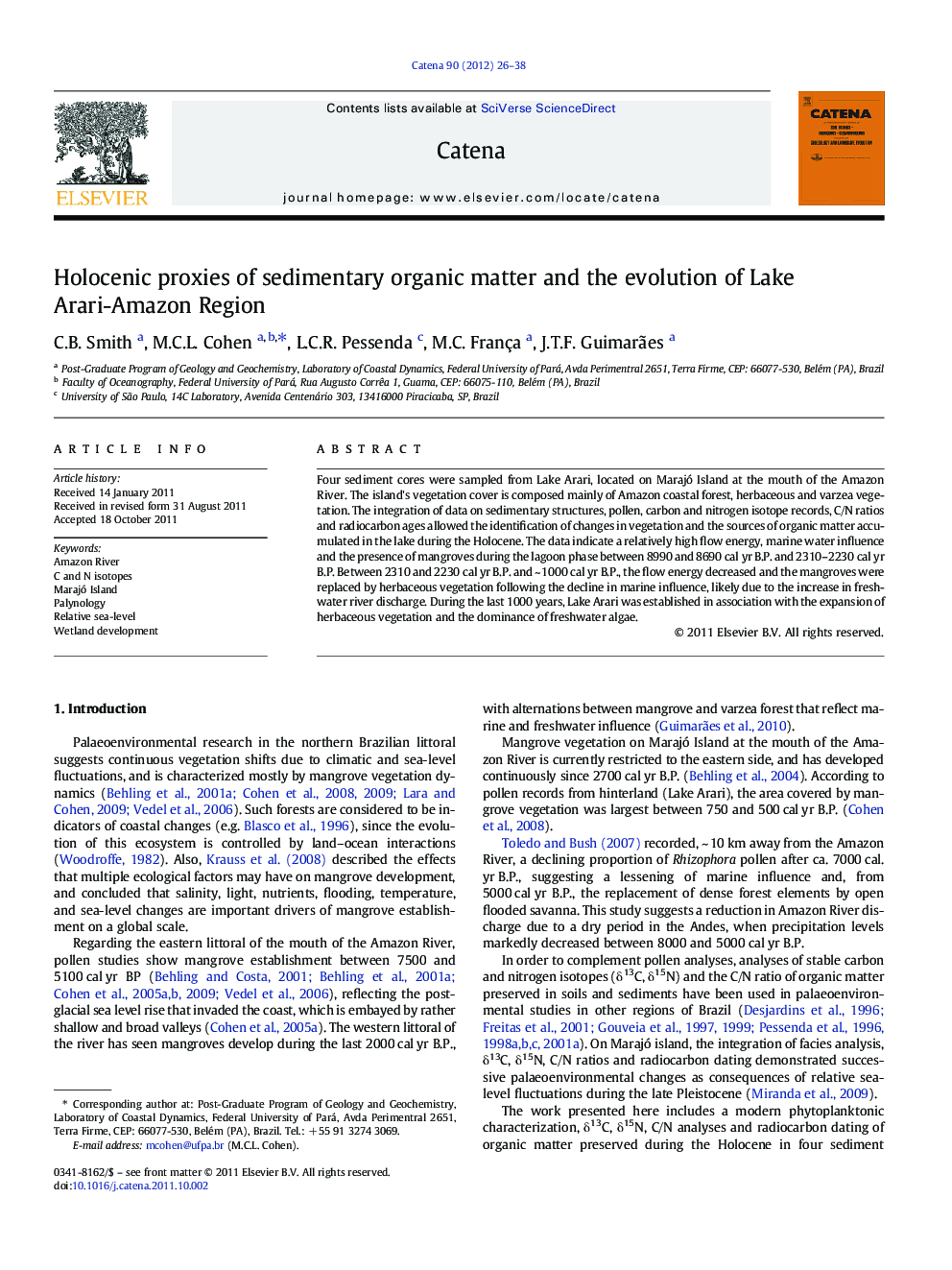 Holocenic proxies of sedimentary organic matter and the evolution of Lake Arari-Amazon Region