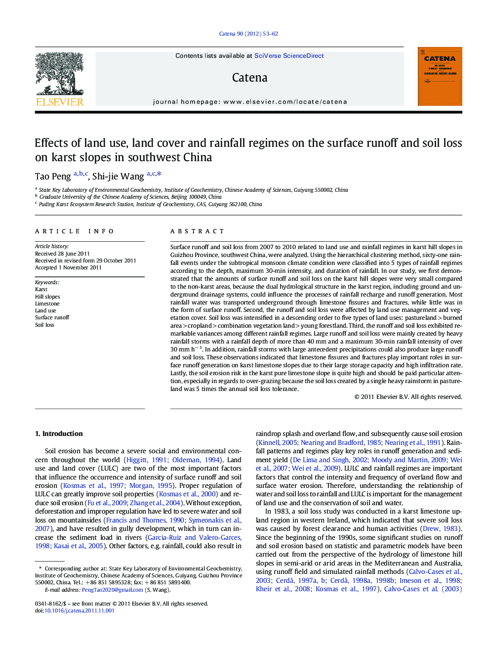 Effects of land use, land cover and rainfall regimes on the surface runoff and soil loss on karst slopes in southwest China