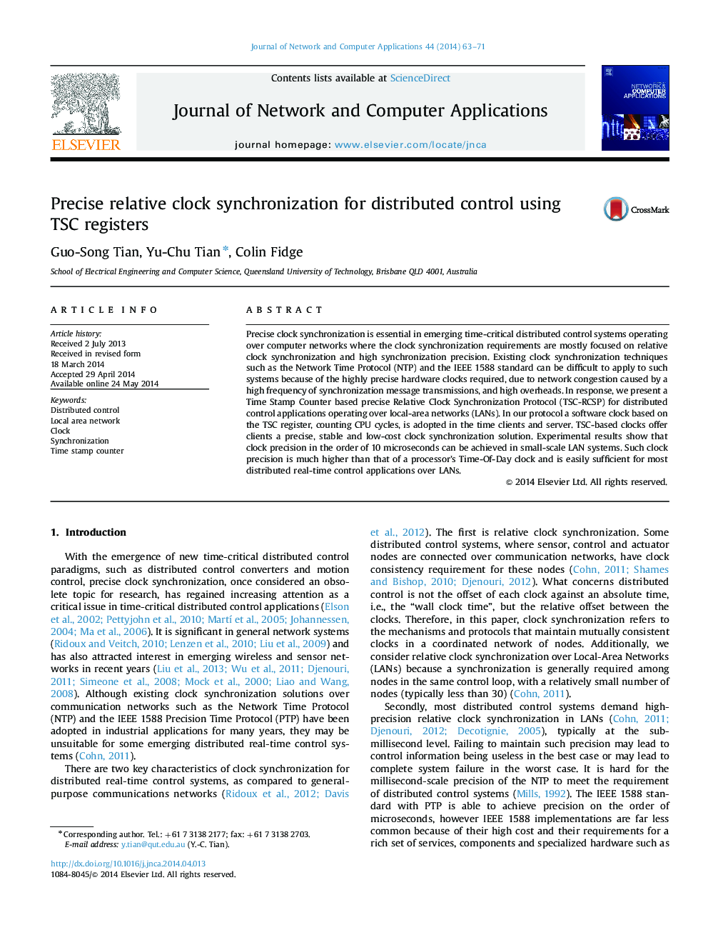 Precise relative clock synchronization for distributed control using TSC registers