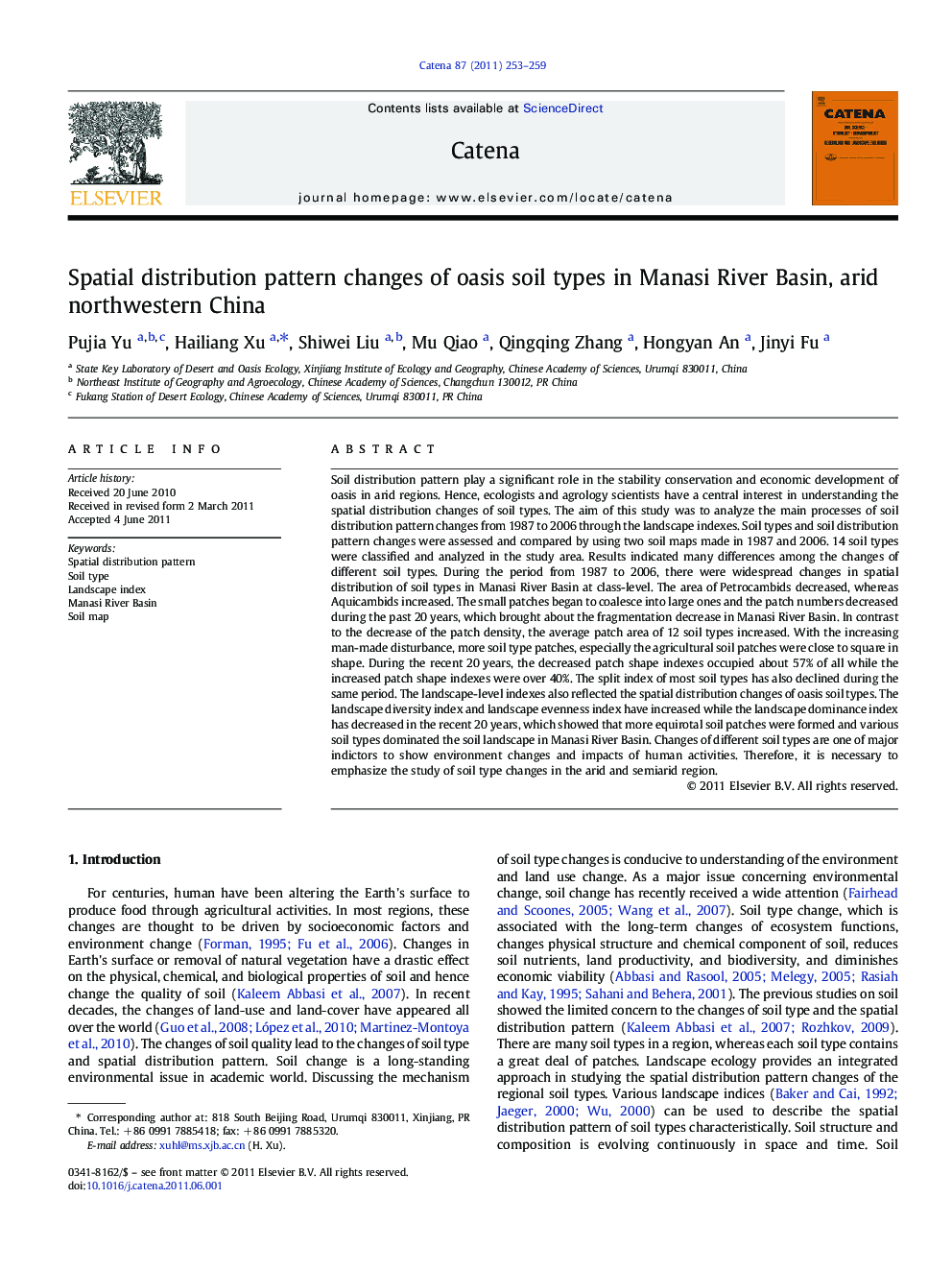 Spatial distribution pattern changes of oasis soil types in Manasi River Basin, arid northwestern China