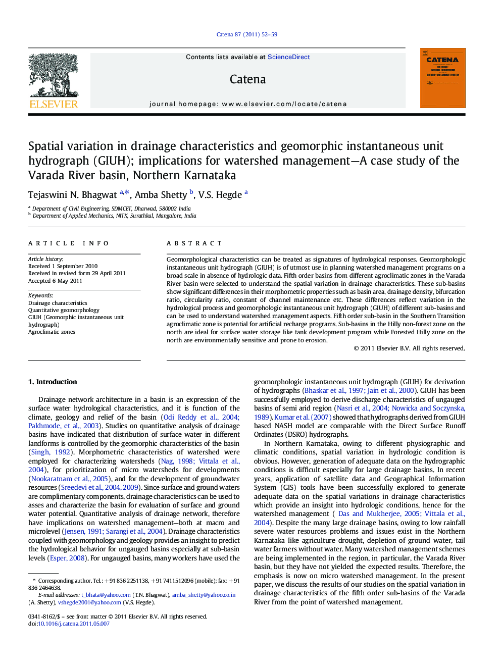 Spatial variation in drainage characteristics and geomorphic instantaneous unit hydrograph (GIUH); implications for watershed management—A case study of the Varada River basin, Northern Karnataka