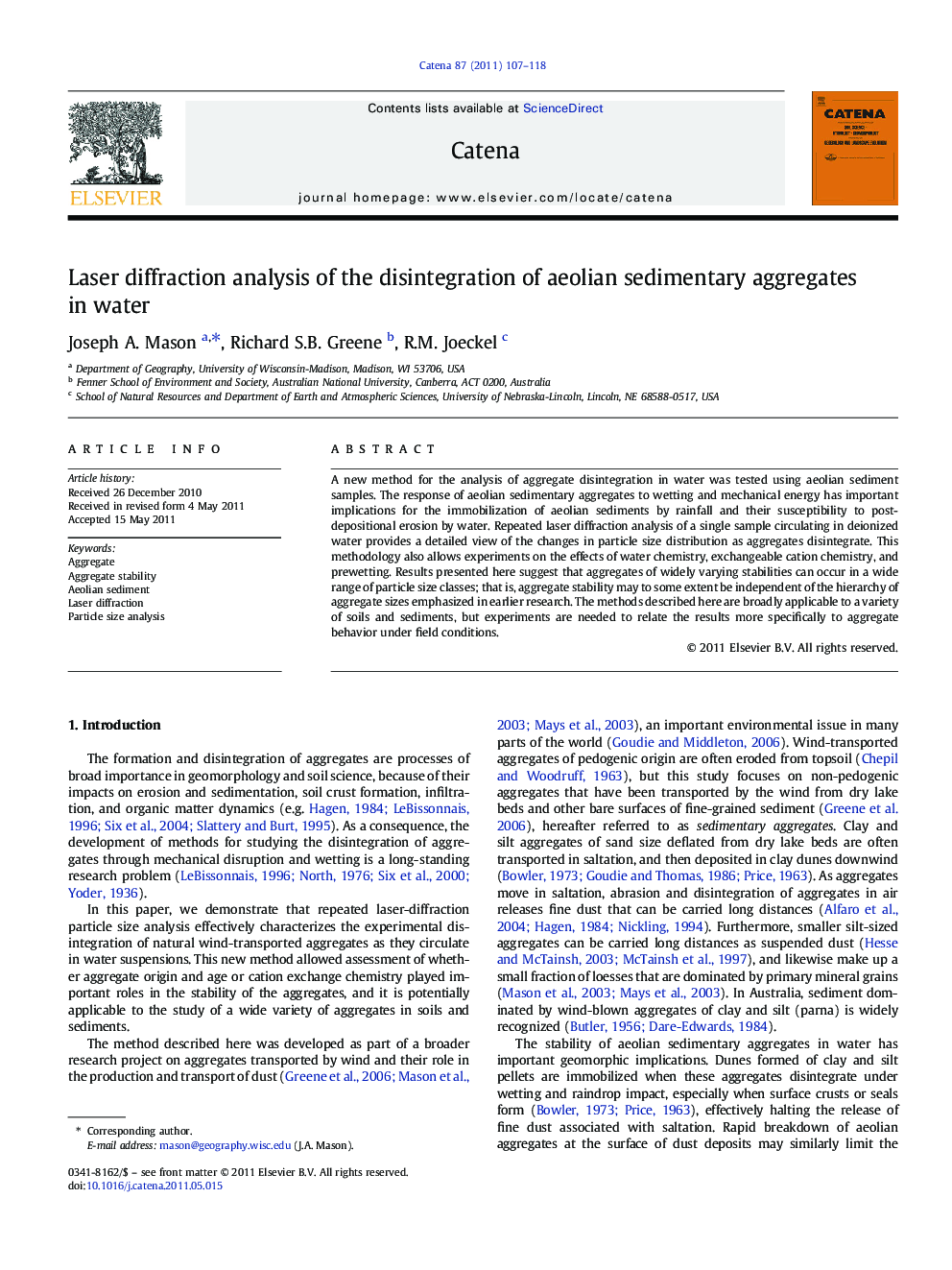 Laser diffraction analysis of the disintegration of aeolian sedimentary aggregates in water