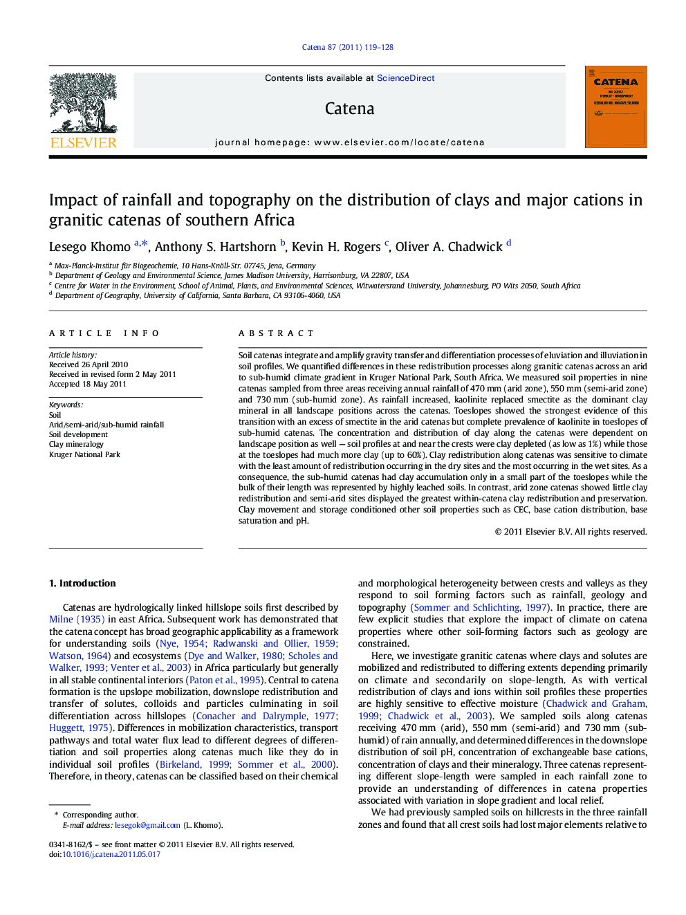 Impact of rainfall and topography on the distribution of clays and major cations in granitic catenas of southern Africa