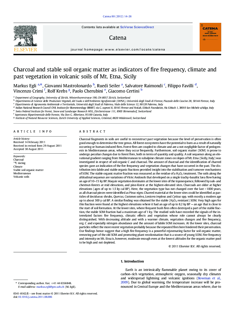 Charcoal and stable soil organic matter as indicators of fire frequency, climate and past vegetation in volcanic soils of Mt. Etna, Sicily