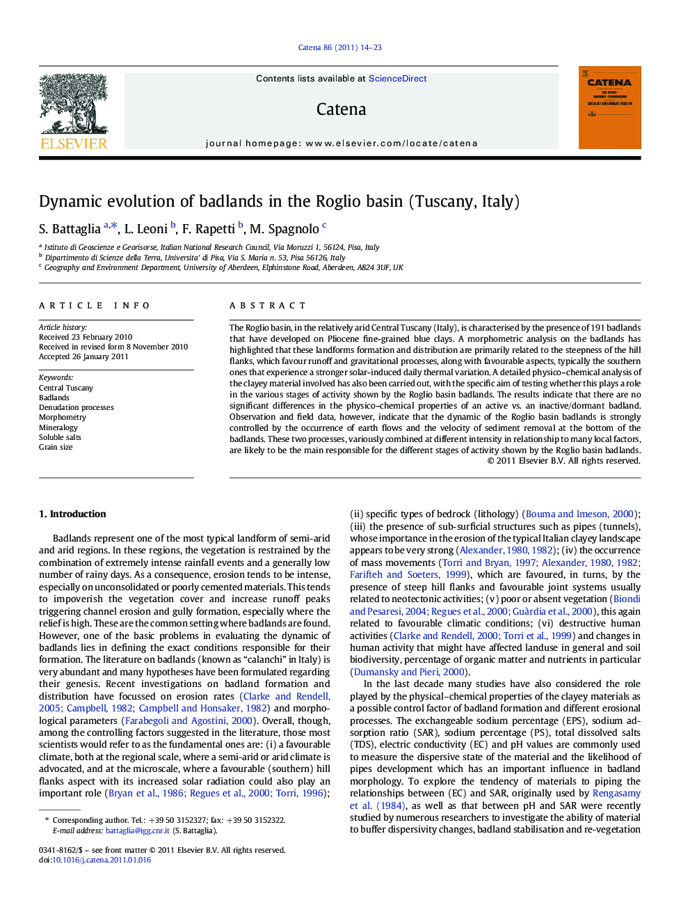 Dynamic evolution of badlands in the Roglio basin (Tuscany, Italy)